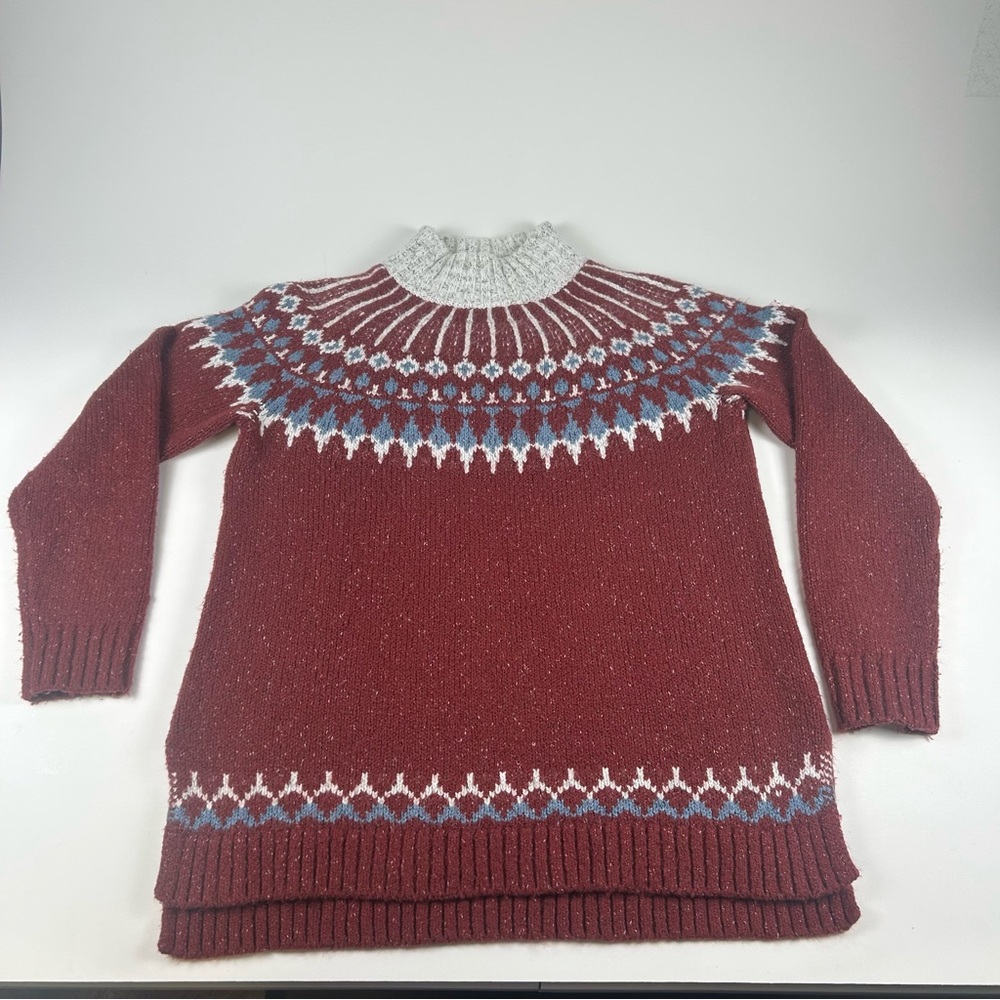 LL Bean WMNS SZ M Nordic Fair Isle Harbor Mock Neck Burgendy White Yoke Pattern - Picture 3 of 6